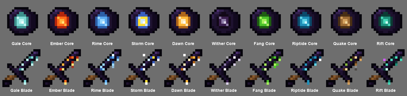 The ten Elemental Cores and the blades they create